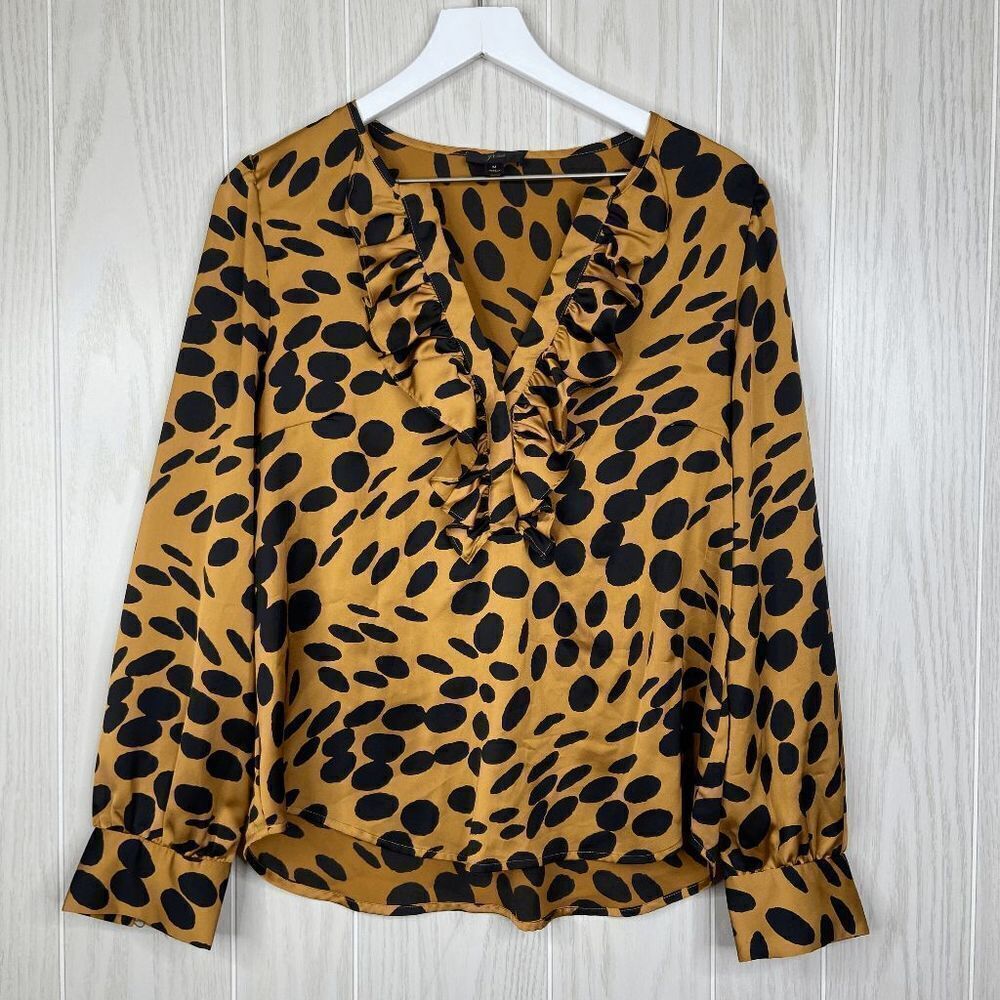 JCrew Long Sleeve Ruffle Front Top Wavy Dots Brown Women’s Size Medium